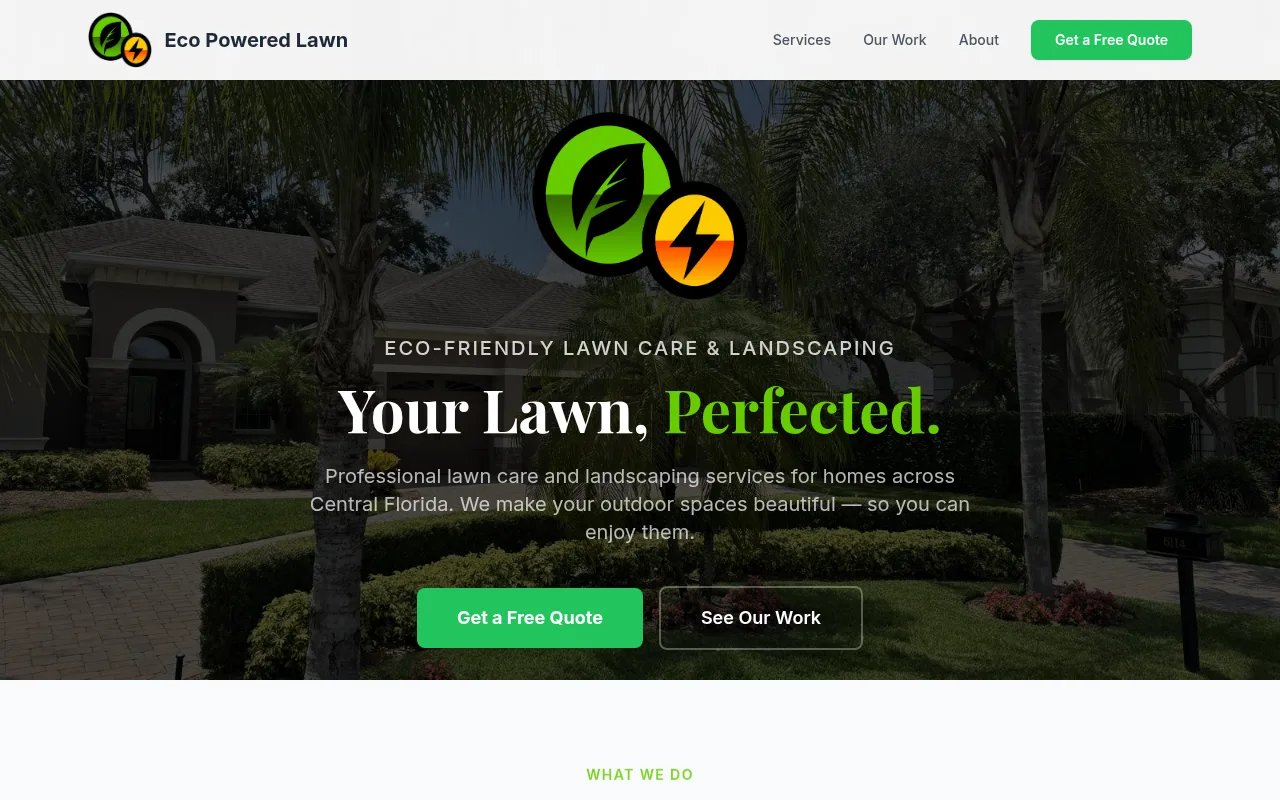 Eco Powered Lawn website homepage: green-branded lawn care site for Central Florida