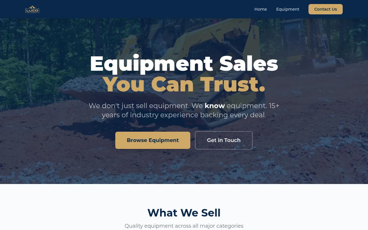 Luco Equipment inventory website listing skid loaders and mini excavators by category