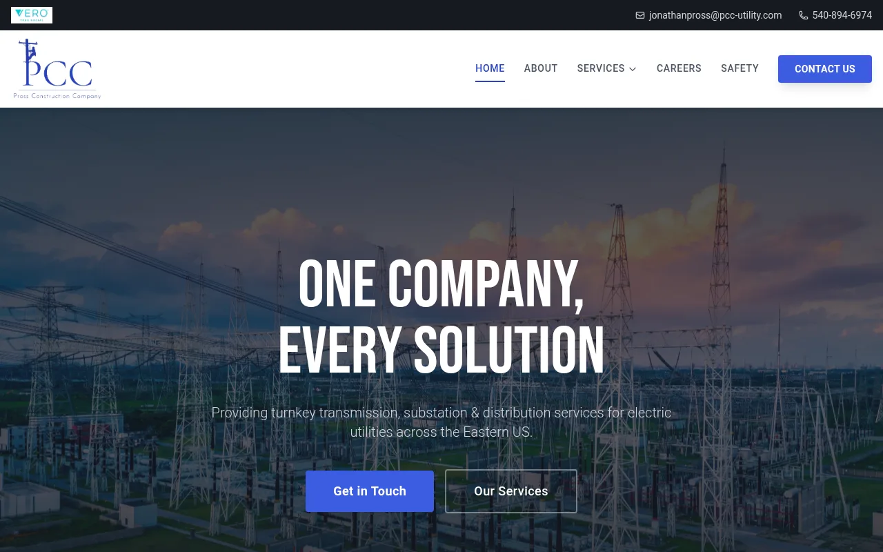 Pross Construction Company utility contractor website homepage built by Pross Solutions