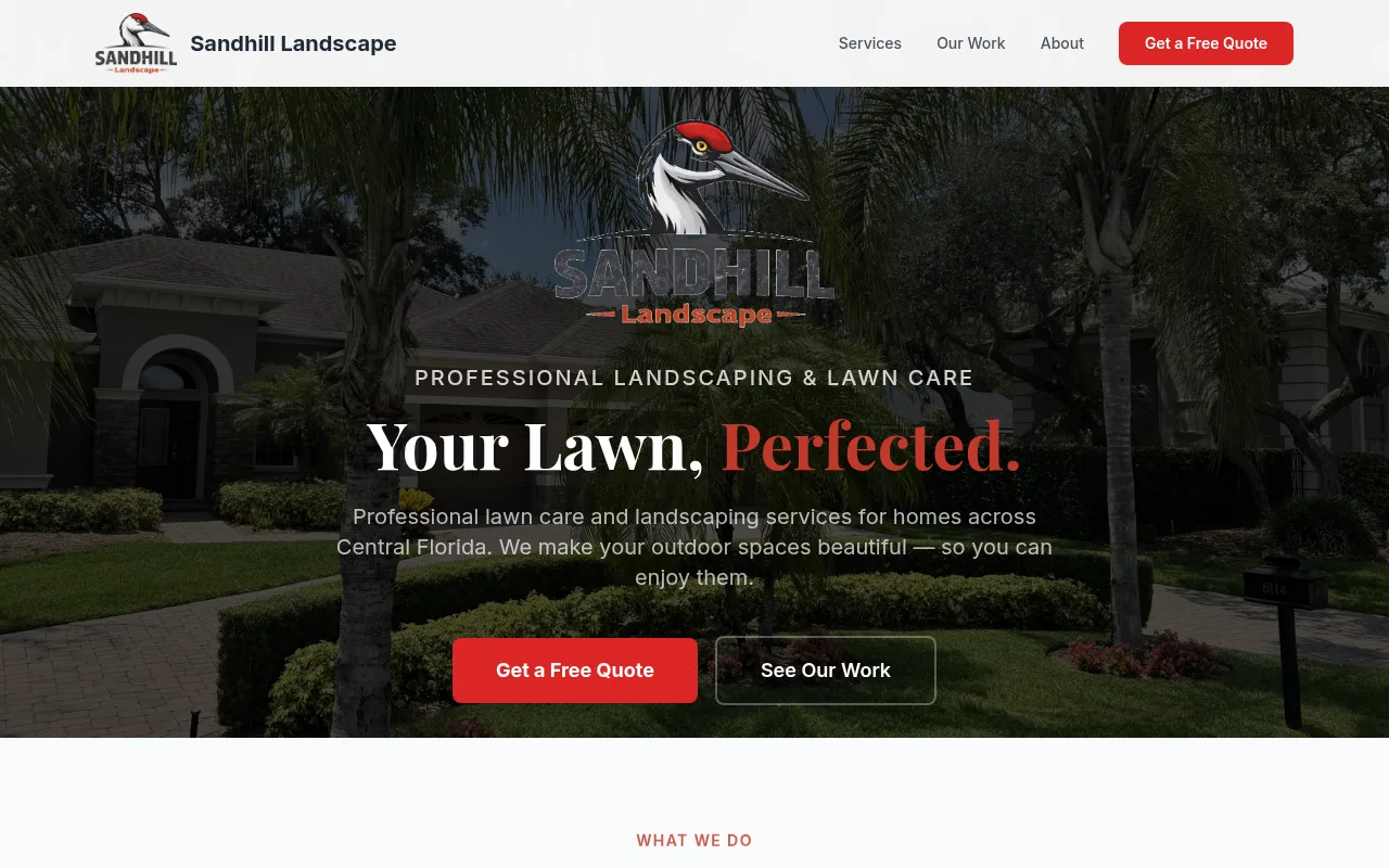 Sandhill Landscape website homepage: the same site rendered with red and charcoal landscaping brand