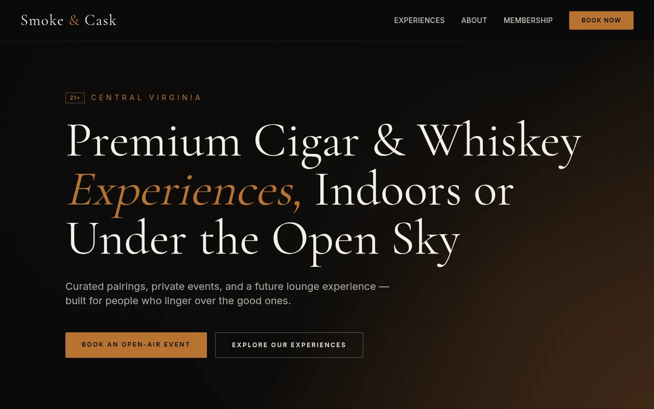 Smoke and Cask website homepage: dark copper-toned brand site for cigar and whiskey pairing experiences in Central Virginia