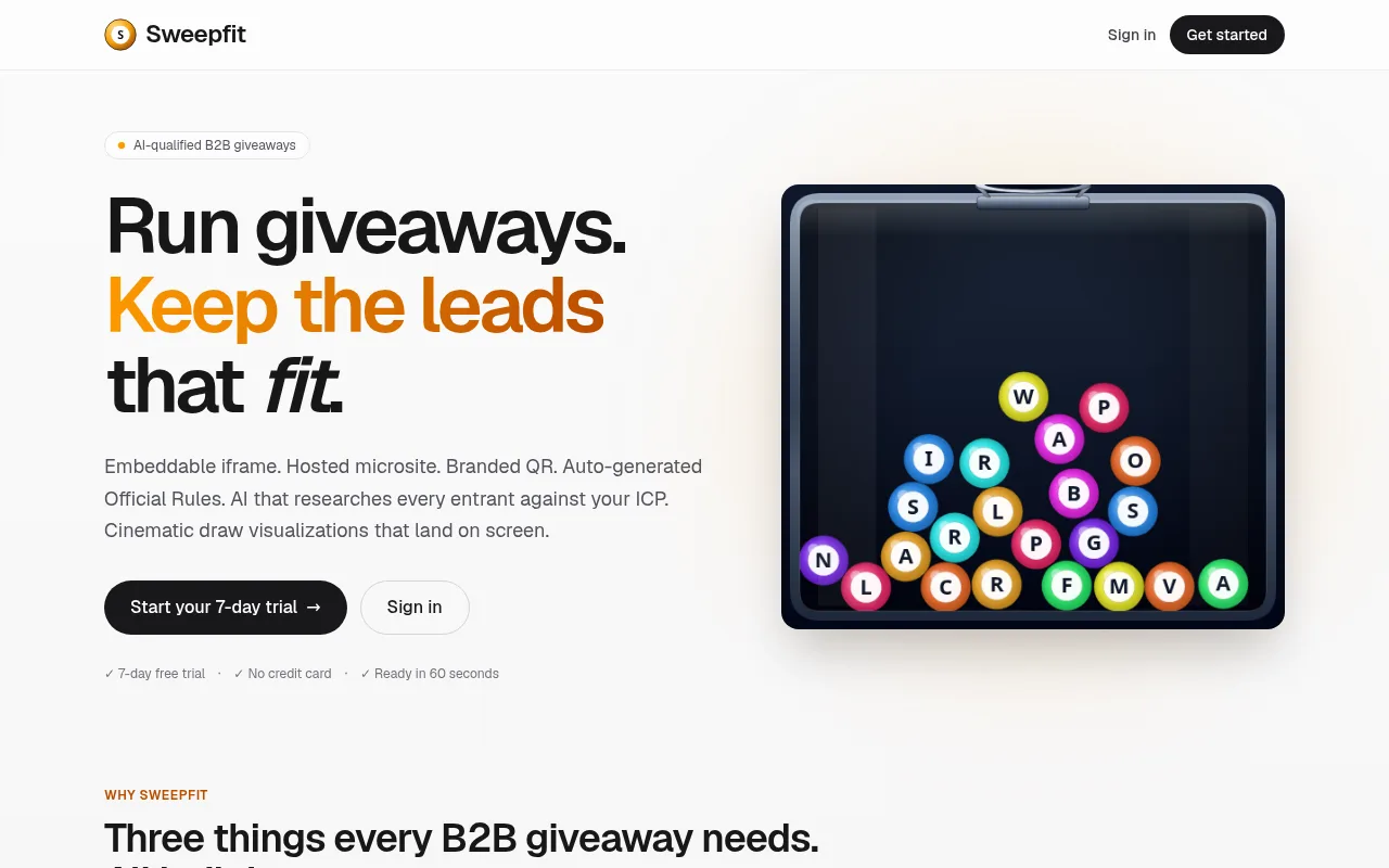 SweepFit product homepage for AI-qualified B2B giveaways